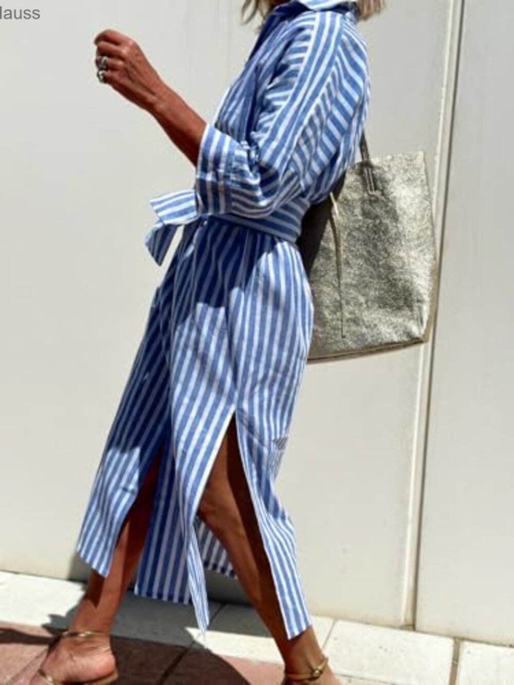 Women's Maxi Shirt Dress 3/4 Sleeve Button Down Belted Casual Vacation - Picture 5 of 6